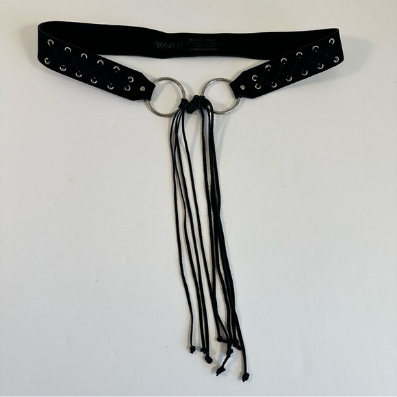 Lane Bryant Black Leather O-Ring Tie Belt Fringe Tassels Plus Sz 14/20 Boho Y2K - Picture 1 of 7